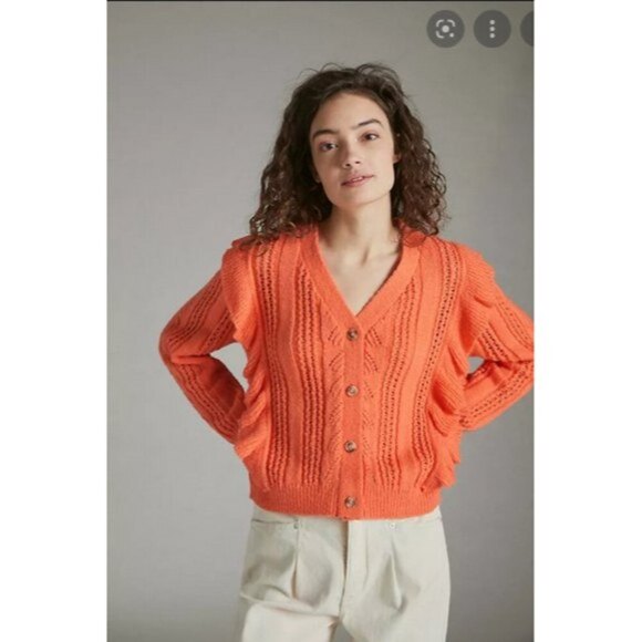 Orange Anthropologie Button Front Pointelle Ruffle Cardigan Sweater (NWT) - Picture 1 of 5